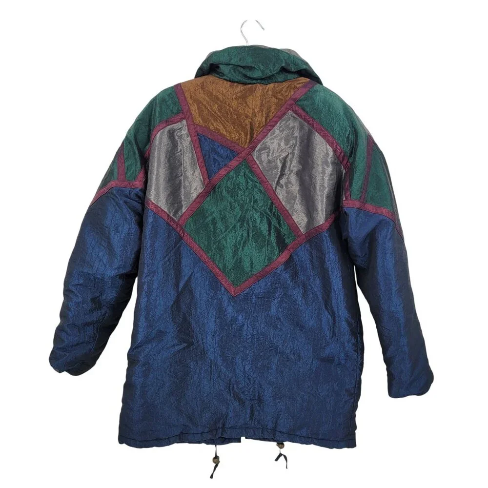 Vtg 80s Colorblock Nylon Winter‎ Jacket Coat Sz M Metallic Multicolor Geometric